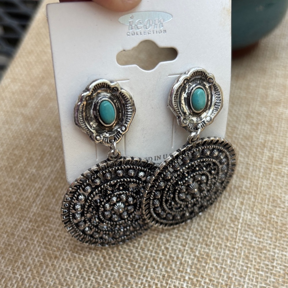 ICON Silver-Tone Filigree Drop Earrings with Turquoise Accents - Picture 5 of 5